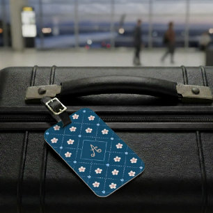 Cute Pink And Blue Flower Plaid On Ocean Blue Luggage Tag