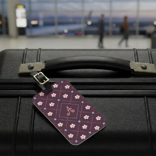 Cute Pink And Blue Flower Plaid Pattern Burgundy Luggage Tag