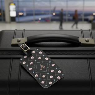 Cute Pink And Blue Flower Plaid Pattern On Black Luggage Tag
