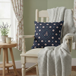 Cute Pink And Blue Flower Plaid Pattern On Blue Cushion