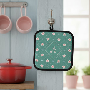 Cute Pink And Blue Flower Plaid Pattern On Blue Pot Holder