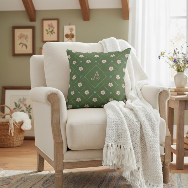 Cute Pink And Blue Flower Plaid Pattern On Green Cushion (Creator Uploaded)
