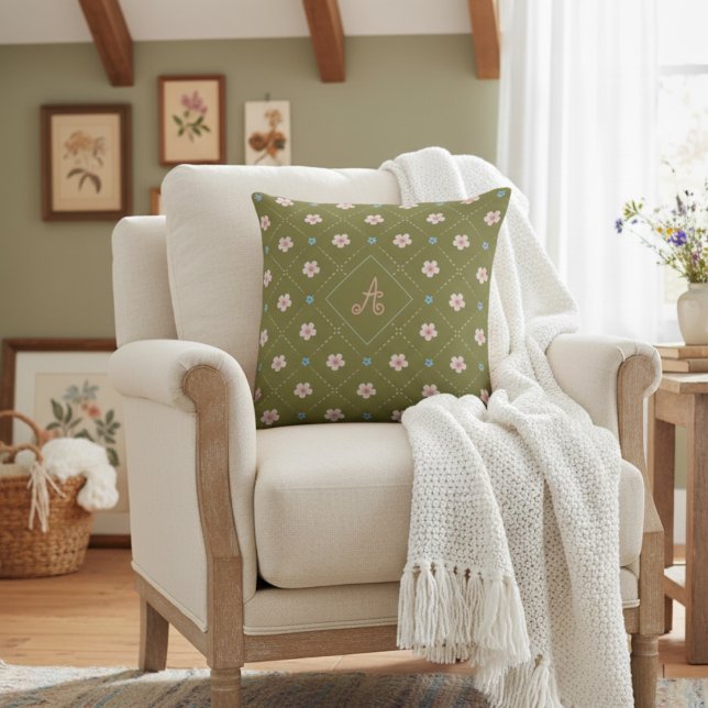Cute Pink And Blue Flower Plaid Pattern On Yellow Cushion (Creator Uploaded)