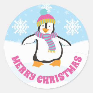 Cute Pink and Blue Hat Christmas Penguin Classic Round Sticker