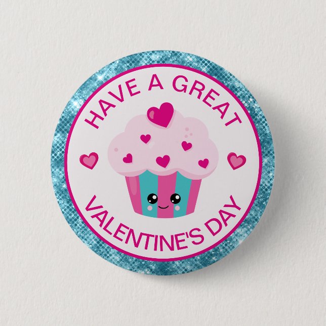 Cute Pink and Blue Heart Cupcake Valentine's Day 6 Cm Round Badge (Front)