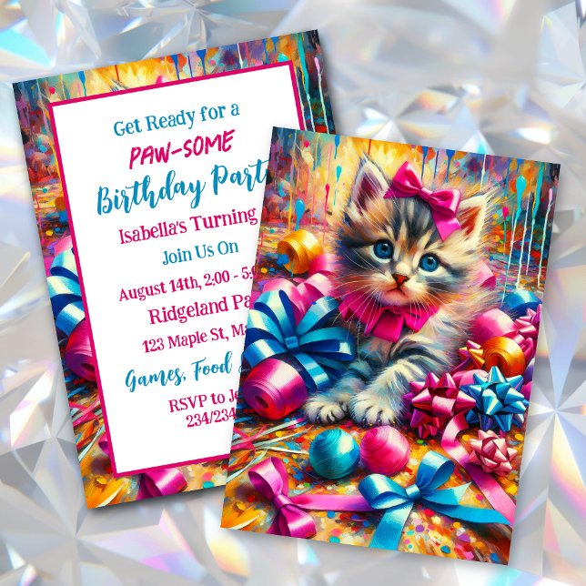 Cute Pink and Blue Kitten Girl's Birthday Invitation (Creator Uploaded)
