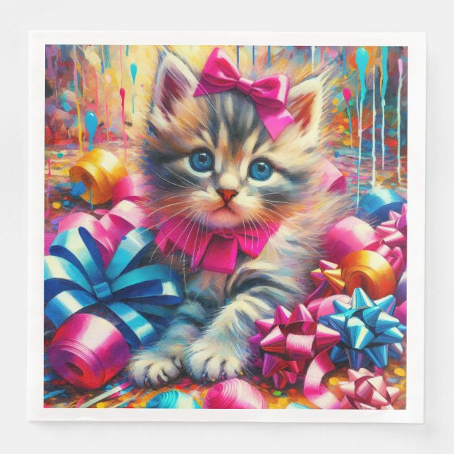 Cute Pink and Blue Kitten Girl's Birthday Napkin (Front)