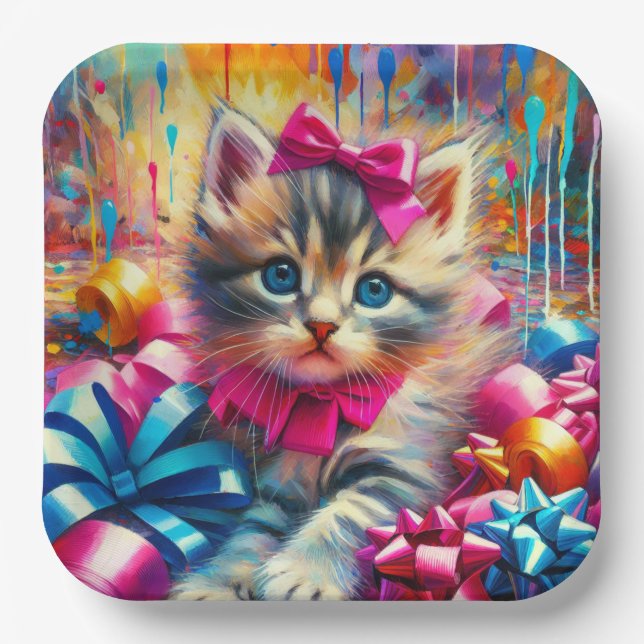 Cute Pink and Blue Kitten Girl's Birthday Paper Plate (Front)