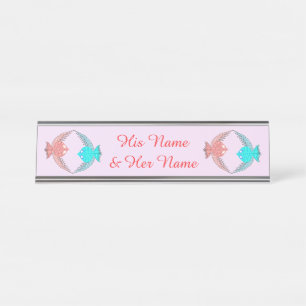 Cute Pink and Blue Love Birds Personalised Desk Name Plate