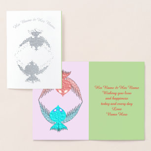 Cute Pink and Blue Love Birds Personalised Foil Card