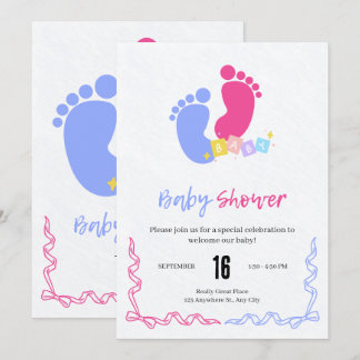 Cute Pink and Blue Pastel Baby Footprints Blocks  Invitation