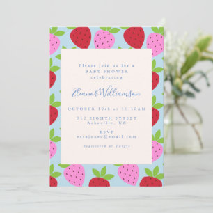 Cute Pink and Blue Strawberry Fruit Baby Shower Invitation