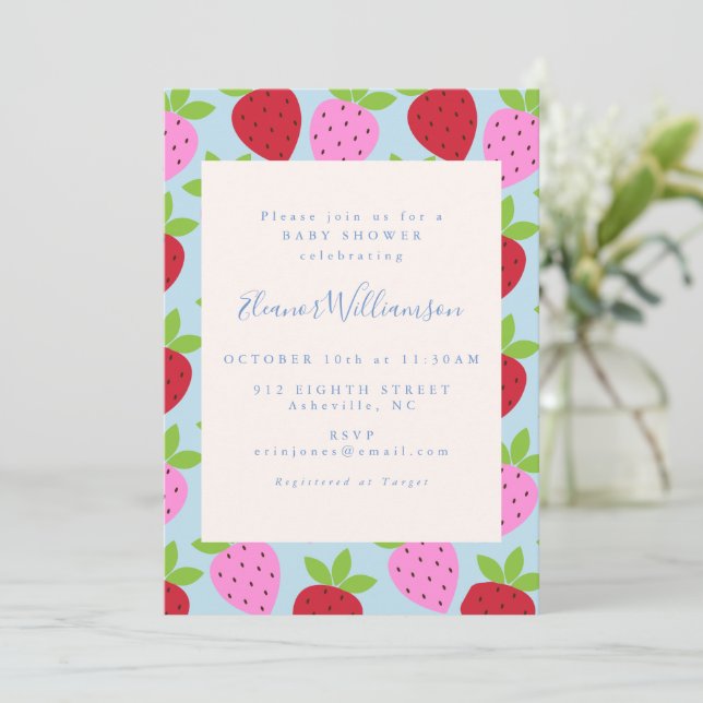Cute Pink and Blue Strawberry Fruit Baby Shower Invitation (Standing Front)