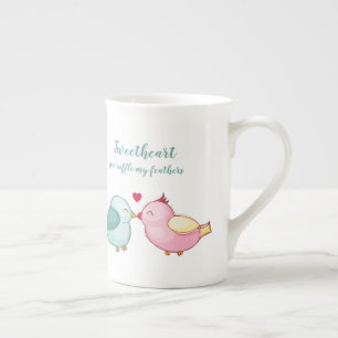 Cute Pink and Blue Valentine Love Birds Bone China Mug