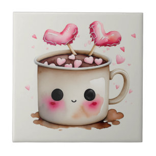 Cute Pink and Cream Watercolor Hot Chocolate Mug Tile
