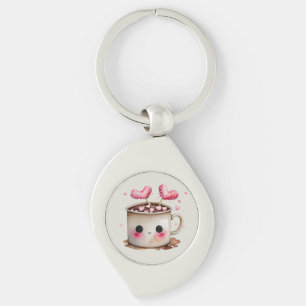 Cute Pink and Cream Watercolor Hot Cocoa Mug Key Ring