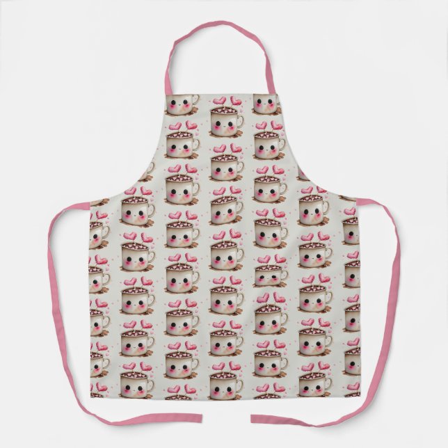 Cute Pink and Cream Watercolor Hot Cocoa Pattern Apron (Front)