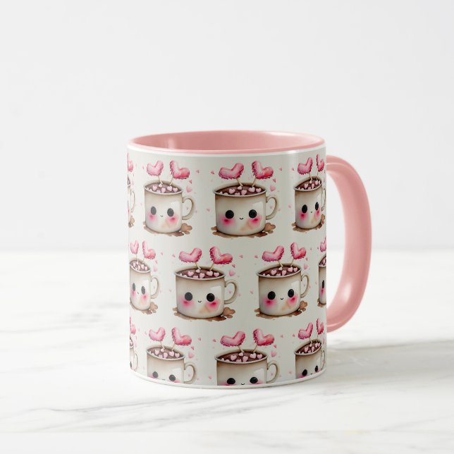 Cute Pink and Cream Watercolor Hot Cocoa Pattern Mug (Front Right)