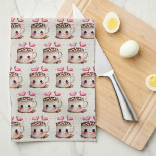 Cute Pink and Cream Watercolor Hot Cocoa Pattern Tea Towel