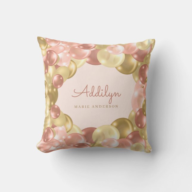 Cute Pink and Gold Balloon Border Girls Cushion (Front)