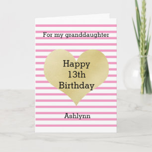 Cute Pink and Gold Heart 13th Birthday  Card