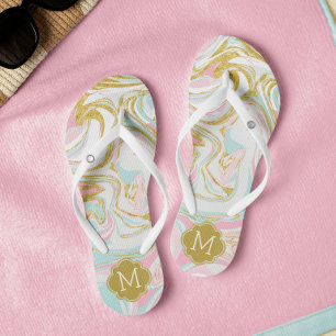Cute Pink and Gold Suminagashi Monogrammed Jandals