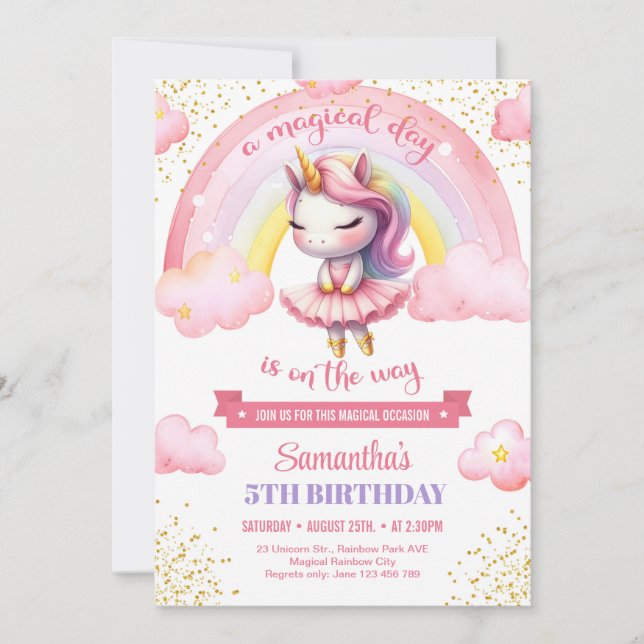 Cute pink and gold unicorn ballerina girl birthday invitation (Front)