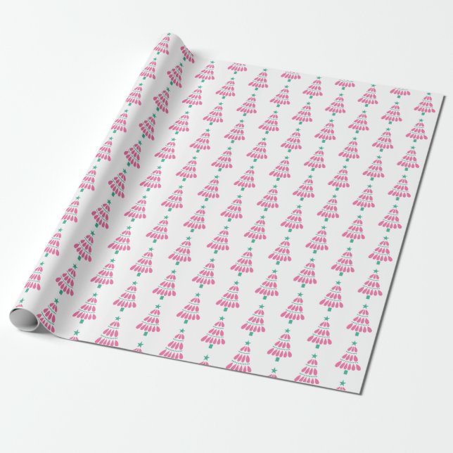 Cute Pink and Green Christmas Tree Wrapping Paper (Unrolled)