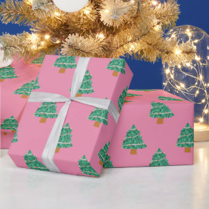 Cute Pink and Green Christmas Trees Pattern Wrapping Paper
