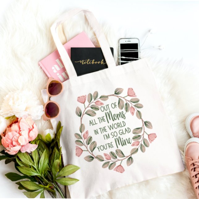 Cute Pink And Green Floral Wreath Mum Quote Tote Bag (Creator Uploaded)
