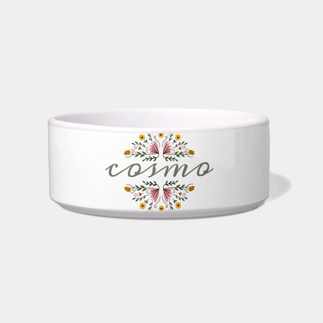 Cute pink and green flower add pet name pet bowl (Front)
