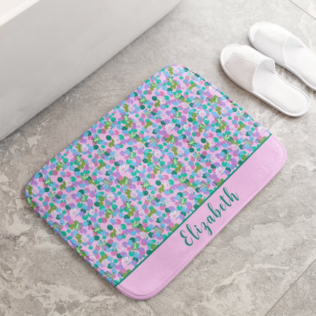 Cute Pink and Green Frogs Custom Name Girly Bath Mat (Creator Uploaded)