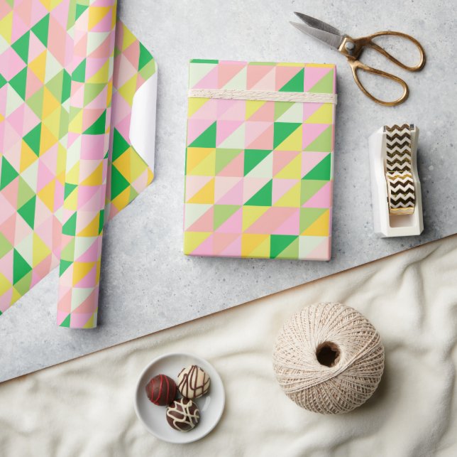 Cute Pink and Green Geometric Pattern Aesthetic  Wrapping Paper (Crafts)