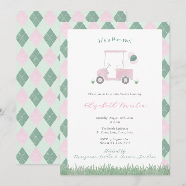 Cute Pink And Green Golf Theme Baby Girl Shower Invitation (Front/Back)