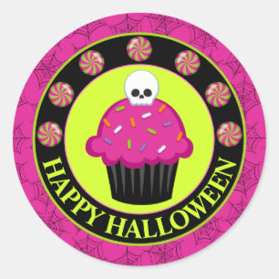 Cute Pink and Green Halloween skull cupcake Classic Round Sticker