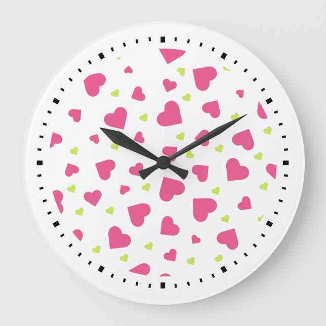 Cute Pink and Green Hearts Pattern Large Clock (Front)