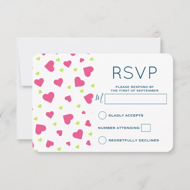 Cute Pink and Green Hearts Pattern RSVP Card (Front)