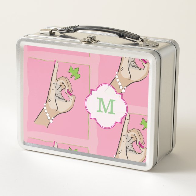 Cute pink and green metal lunch box (Front)