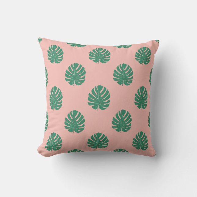 Cute Pink and Green Tropical Monstera Leaf Pattern Cushion (Front)