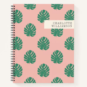 Cute Pink and Green Tropical Monstera Leaf Pattern Notebook