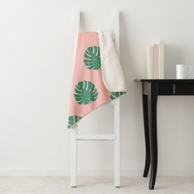 Cute Pink and Green Tropical Monstera Leaf Pattern Sherpa Blanket (In Situ)