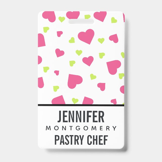 Cute Pink and Green Tumbling Hearts Pattern ID Badge (Front)