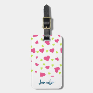 Cute Pink and Green Tumbling Hearts Pattern Luggage Tag
