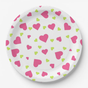 Cute Pink and Green Tumbling Hearts Pattern Paper Plate