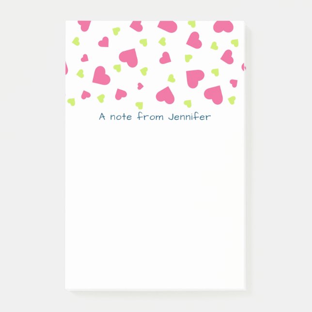 Cute Pink and Green Tumbling Hearts Pattern Post-it Notes (Front)