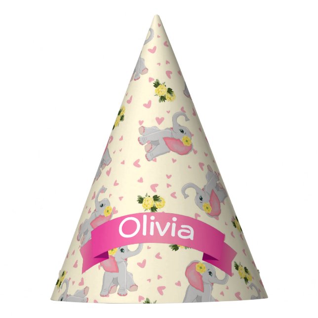 Cute Pink and grey Elephant Floral Birthday Party Hat (Front)