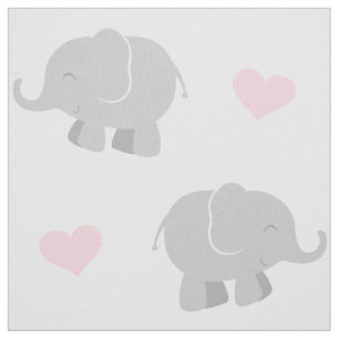 Cute Pink and Grey Elephants and Hearts Pattern Fabric