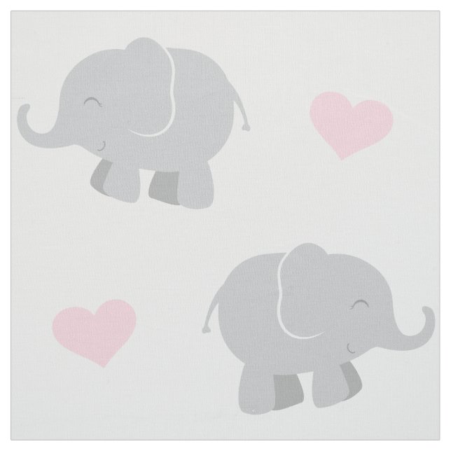 Cute Pink and Grey Elephants and Hearts Pattern Fabric (Swatch)