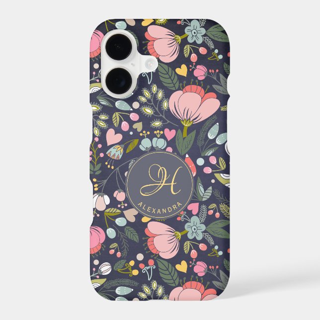 Cute pink and grey floral pattern monogram name (Back)