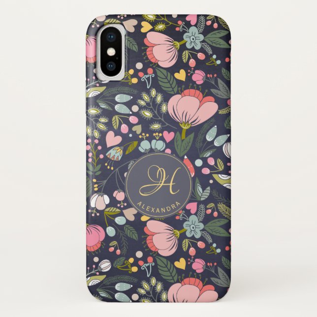 Cute pink and grey floral pattern monogram name Case-Mate iPhone case (Back)